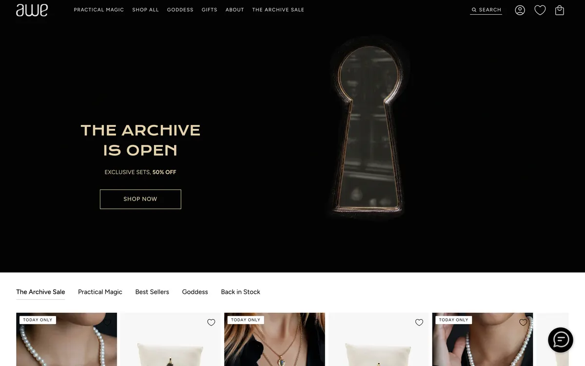 The Awe Inspired homepage on desktop, showing a top bar reading Free Shipping and a transparent overlay header carrying Practical Magic, Shop All, Goddess, Gifts, About and The Archive Sale over a full-bleed campaign photograph.