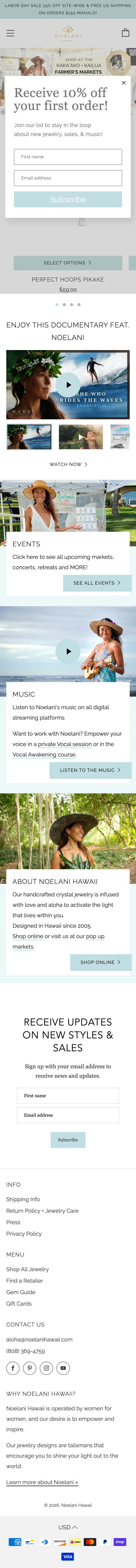The full Noelani Hawaii homepage on a phone, a tall column running from the hero carousel through Featured Jewelry, a documentary video, Events, Music, an About section and an Instagram grid, ending in a long footer.