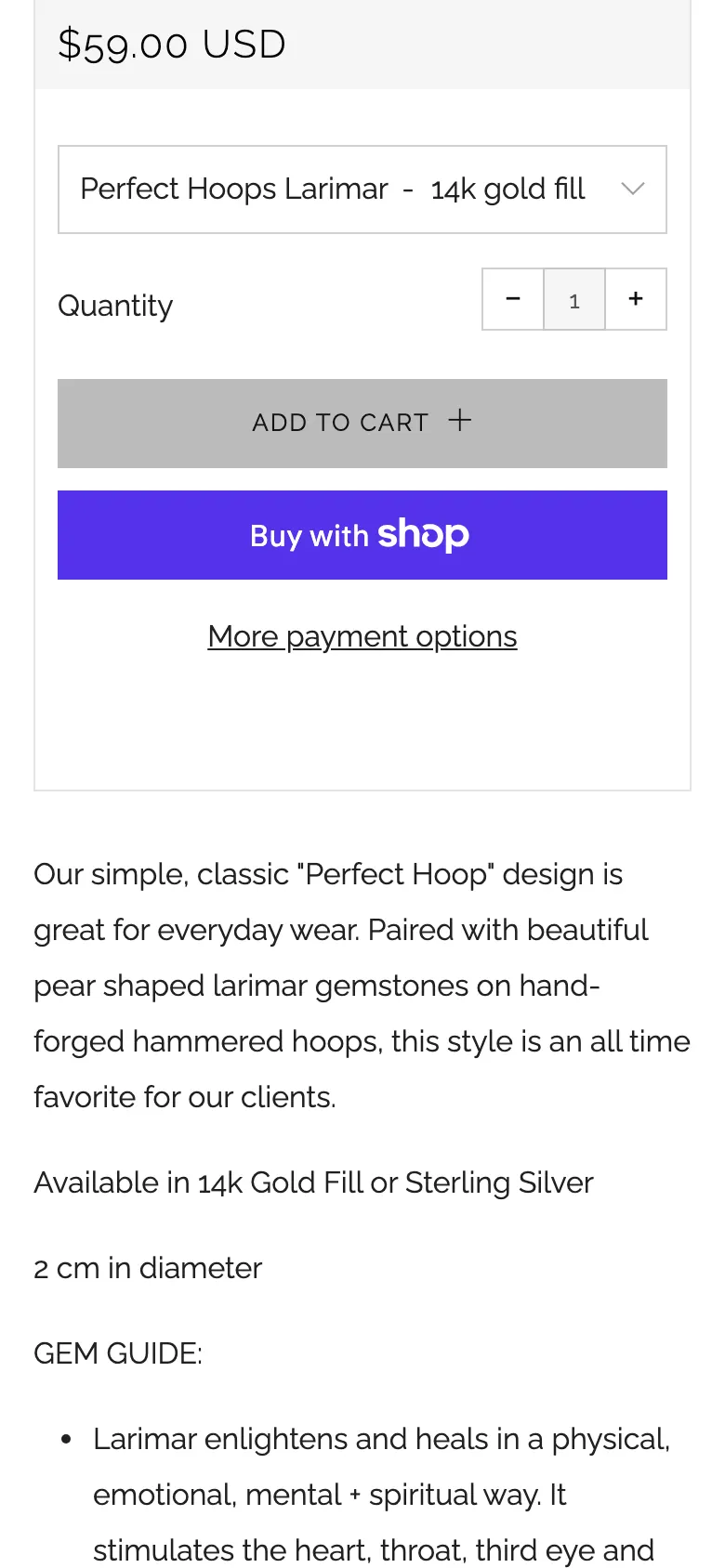 The buy area of the Perfect Hoops Larimar product page on a phone: the price $59.00 USD, a dropdown reading Perfect Hoops Larimar - 14k gold fill, a quantity stepper, a pale grey Add To Cart button, and a bright purple Buy with Shop button below it.