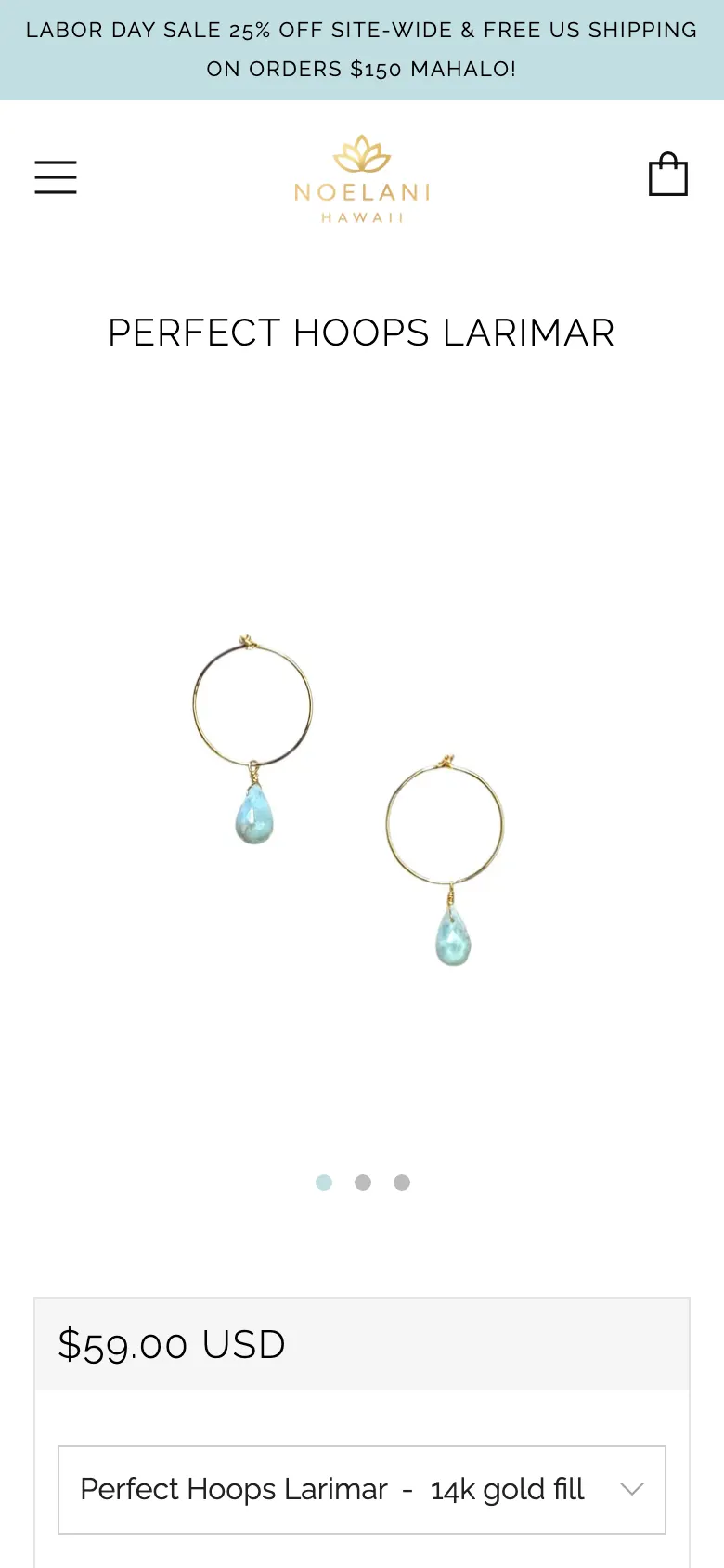 The Perfect Hoops Larimar product page on a phone with the popup dismissed, showing the announcement bar, header, the all-caps product title, the product photograph, and the $59.00 price at the lower edge of the screen. No Add to Cart button is visible.