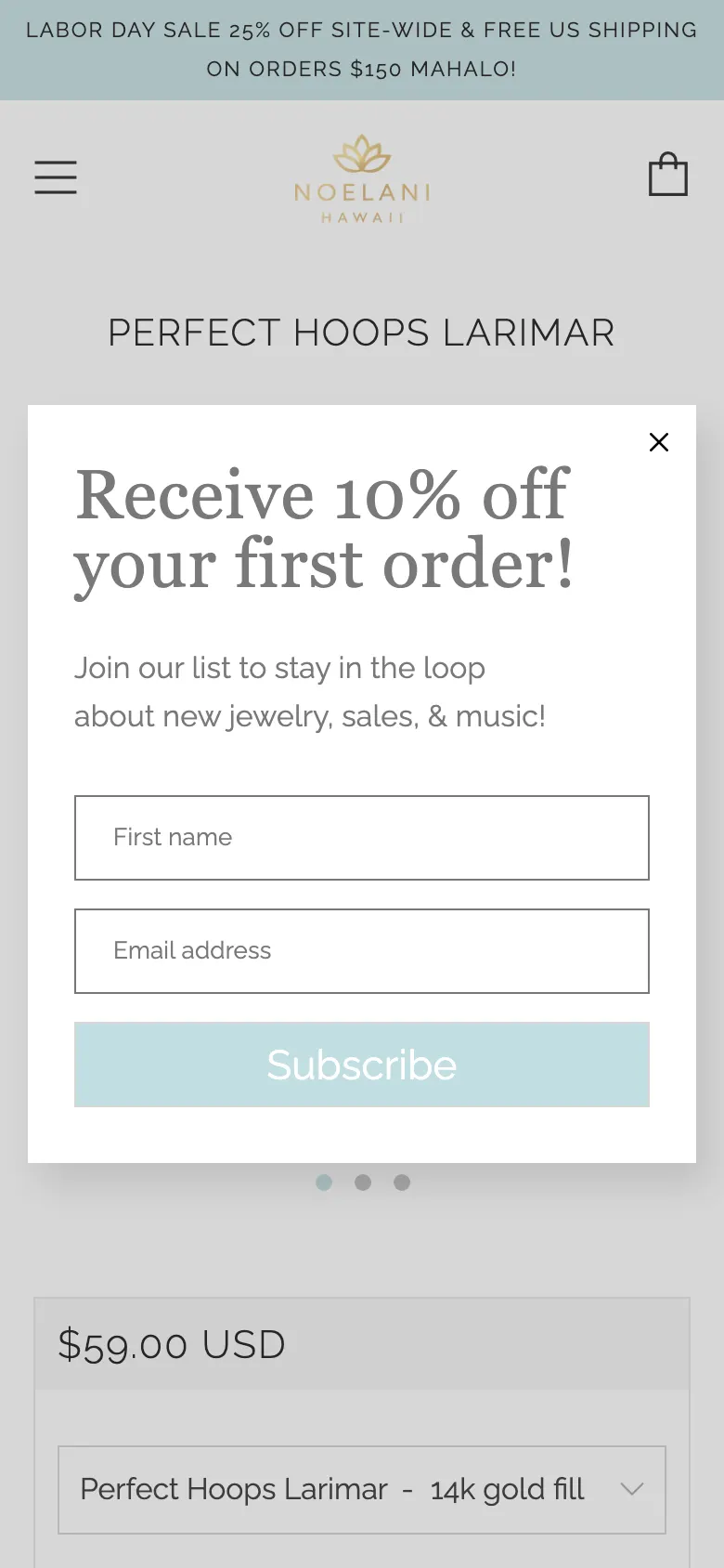 The Perfect Hoops Larimar product page on a phone, with a white newsletter modal reading 'Receive 10% off your first order!' covering the entire product image. Only the all-caps product title above it and the $59.00 price at the very bottom edge are visible.